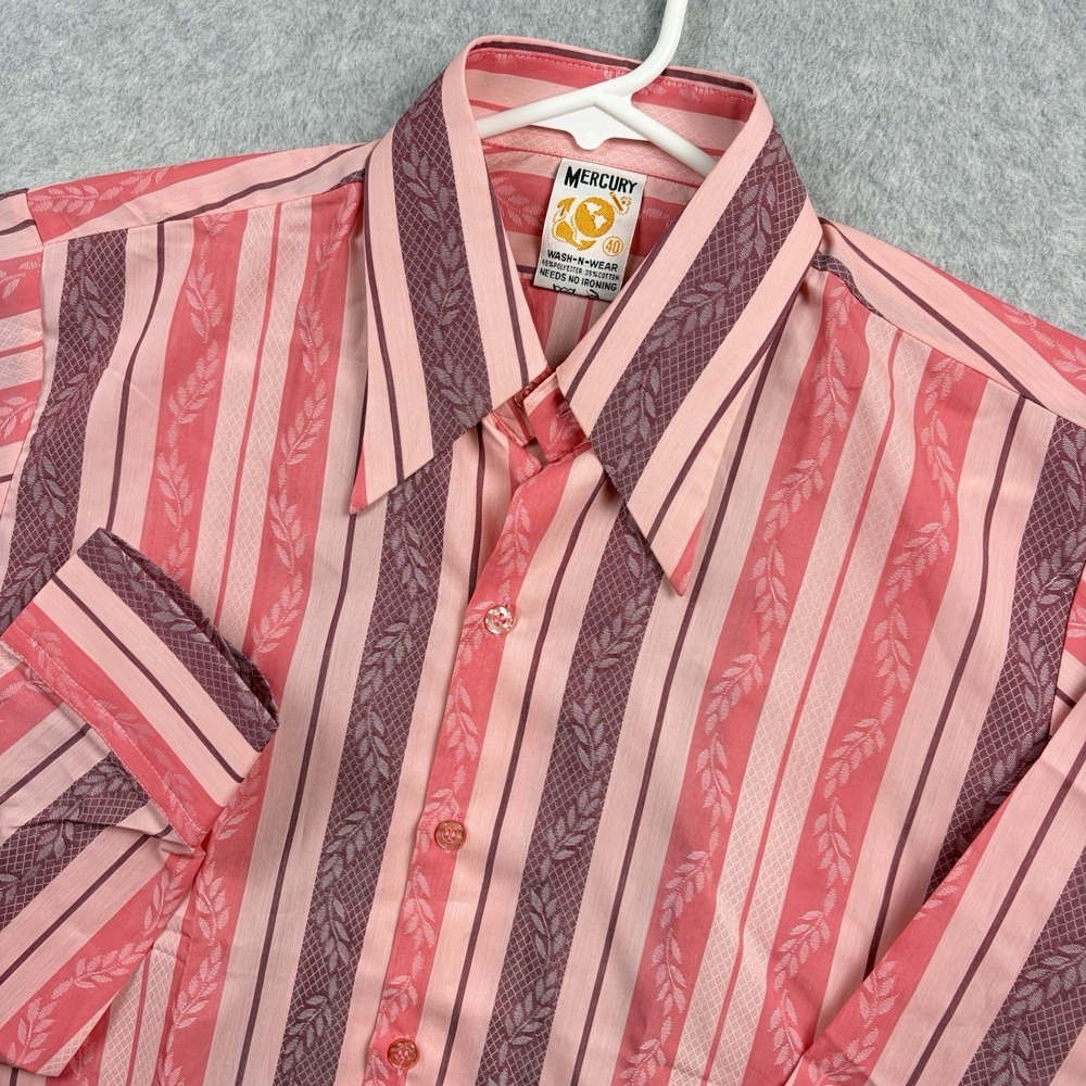 Vintage 70s Disco Shirt Mens Medium Pink Floral Jaquard Stripe Dagger Collar